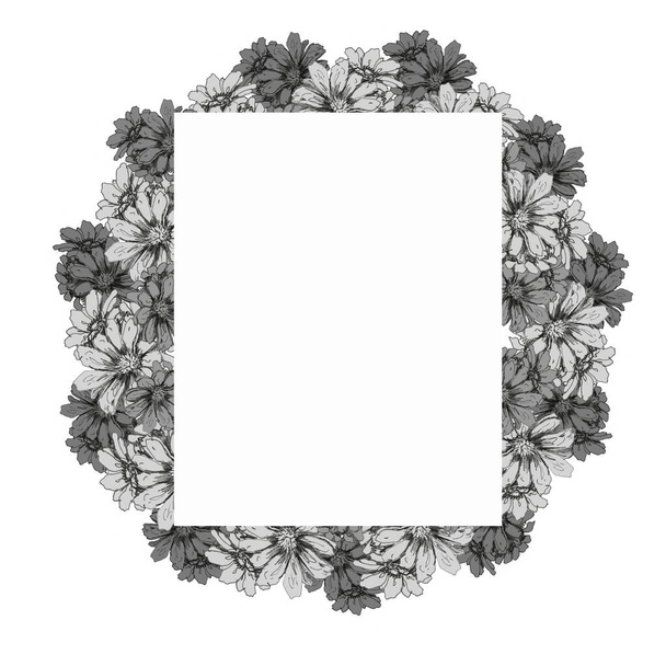 Hand-drawn illustration with pencils. Flowers, bouquet, buds and petals. Daisies. Spring, summer, flowering. Frame on a white background separately. Sketch, print, textile, paper. - Foto, Bild