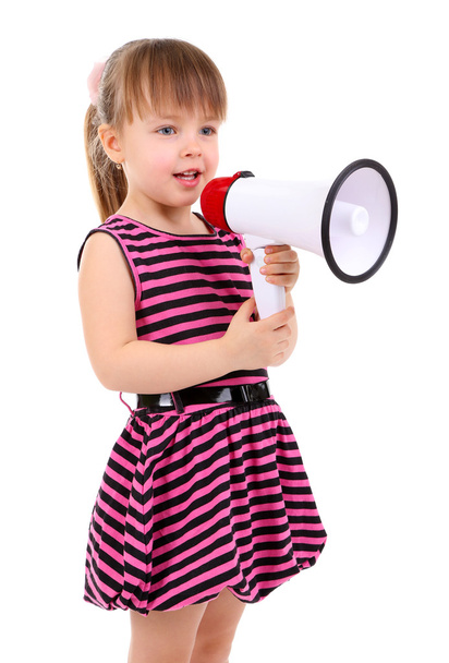 Beautiful little girl holding bullhorn isolated on white - Фото, изображение