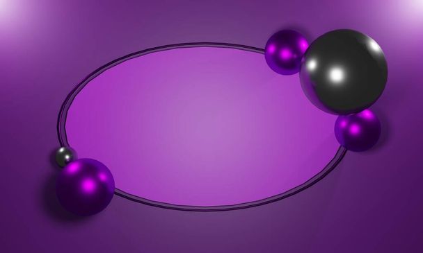 Fondo púrpura brillante con representación 3D de anillos metálicos brillantes y bolas o bolas alrededor del espacio de copia en blanco con espacio para el texto. Ideal para publicidad, promociones, telones de fondo, pancartas y carteles
. - Foto, Imagen