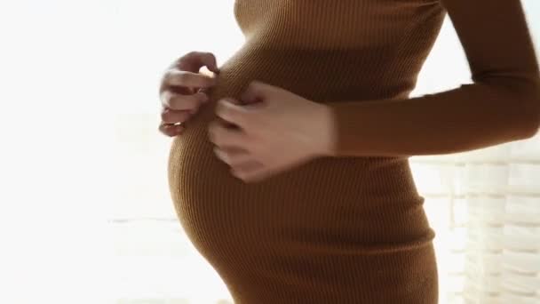 Primer plano de la mujer embarazada de pie rascándose el estómago cerca de la ventana
 - Metraje, vídeo
