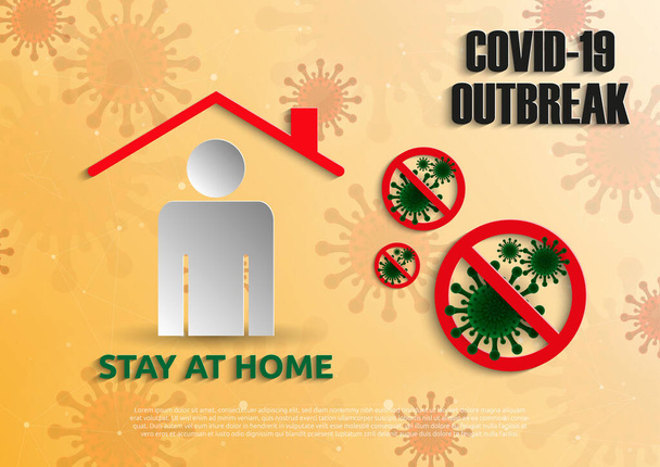 COVID-19ウイルス流行の家庭に滞在し、社会的距離会社は従業員が自宅でウイルス感染を防ぐために働くことを可能にします。人間のアイコン、家や停止細菌のベクトルイラスト. - ベクター画像