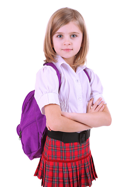 Beautiful little girl with backpack isolated on white - Foto, Imagem