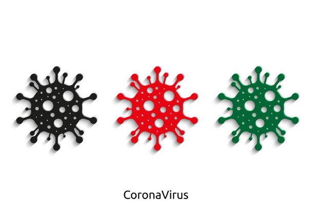 КоронаВирус бактерий иконка в 3 цветах (черный, красный, зеленый). Роман "Корона Бэкона" 2019-го года. Нет инфекции и остановить КоронаВирус Концепции. Опасные клетки CoronaVirus в Китае, Ухан
. - Вектор,изображение
