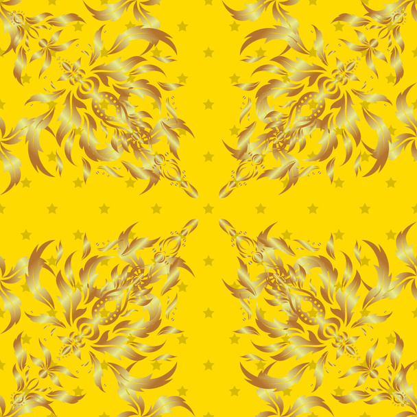 Golden seamless pattern on a yellow background. Vector luxury gold pattern. - Vector, Image