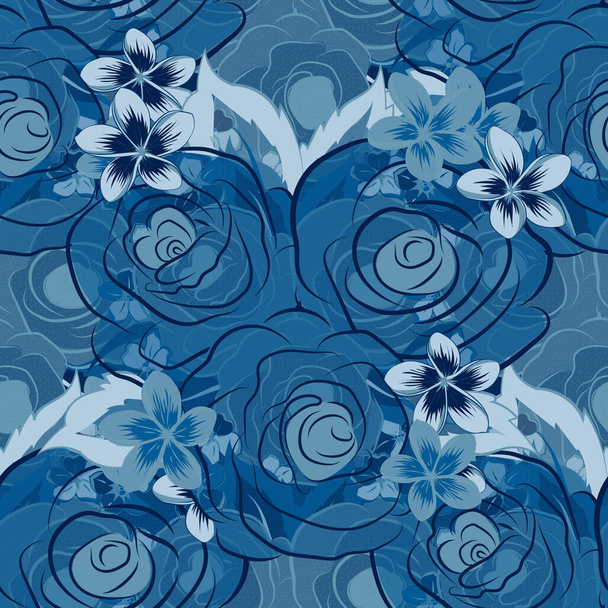 Vektor rózsa virágok és zöld levelek zökkenőmentes minta. Varrat nélküli virágmintás kék színekben. - Vektor, kép
