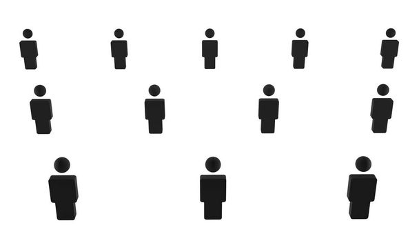 Righe di rendering 3D astratto nero di un gruppo di persone o folla in piedi e praticare la distanza sociale, isolato su sfondo bianco. Può rappresentare una comunità, dipendenti o un team
. - Foto, immagini