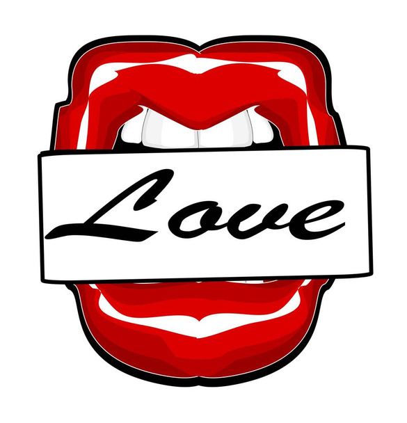 open mouth with red lipstick and word love - Foto, immagini
