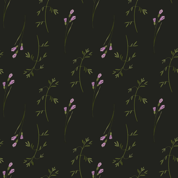 Green twigs of grass summer plant, flower. Textural digital art square seamless pattern on a black background. Print for fabric, clothes, postcard, wedding, invitation, wrapping paper, packaging. - Foto, imagen