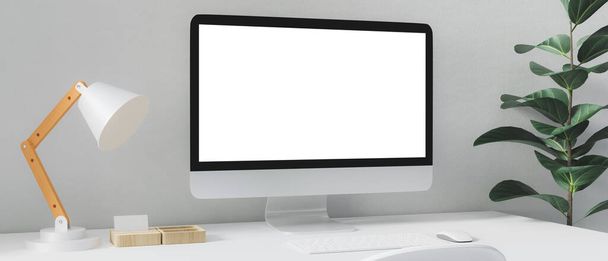 Рабочее пространство с макетом компьютера с Blank-экраном. 3D рендеринг
. - Фото, изображение