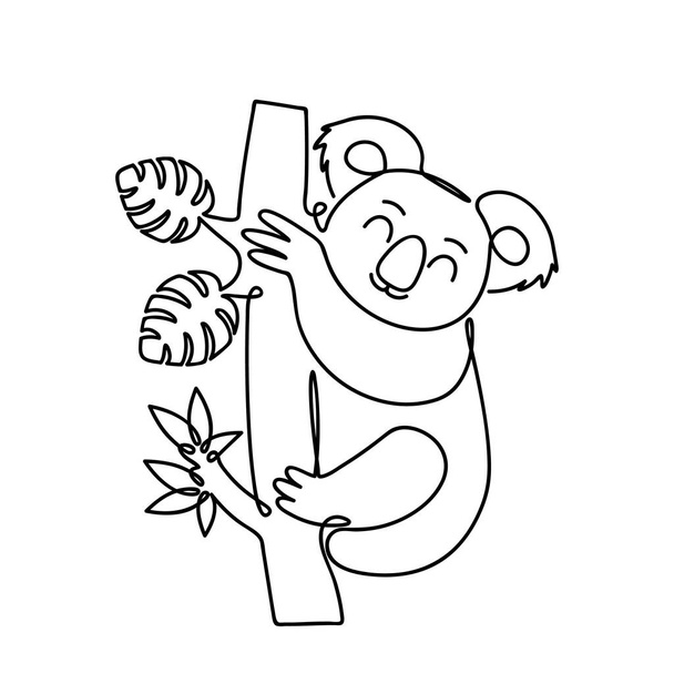Leuke panda zit op een eucalyptusboom. het plaatje is getekend in een oneindige enkele lijn. - Vector, afbeelding