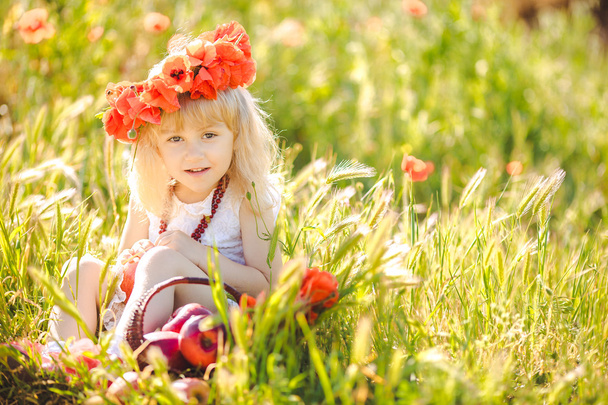 Cute child girl in poppy field - Фото, изображение