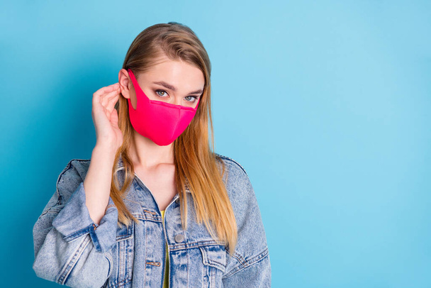 Closeup photo of pretty lady social distance concept not contact people look serious expression flirty eyes handsome guy wear protect face mask denim blazer isolated blue color background - Foto, immagini