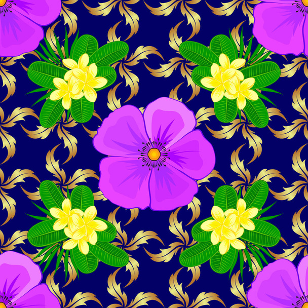 コスモスの花とベクトル縞のシームレスなパターン。青、紫と緑の色の花の壁紙。生地、繊維、包装のための装飾品。伝統的な東洋のシームレスペイズリーパターン - ベクター画像