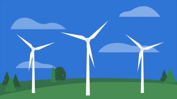 Animaatio kolmesta tuuliturbiinista, jotka pyörivät nurmikentällä puiden ja taustan sekä liikkuvien pilvien kanssa - Materiaali, video