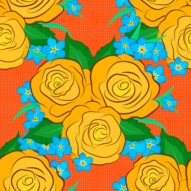 Handgeschriebene Vektor-Rosenblüten und grüne Blätter, Briefmarken, Schlüssel. Vintage nahtlose Muster in orange, blau und gelb. - Vektor, Bild