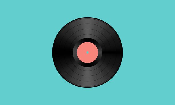 Ilustración vectorial de un fonógrafo o disco de vinilo gramófono con ranura en espiral modulada y una etiqueta vacía de color salmón. El disco está aislado sobre un fondo verde azulado
. - Vector, imagen
