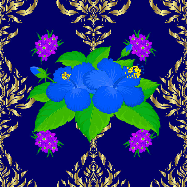 ヴィンテージスタイル。ストック・ベクトル・イラスト。緑、中性、青の抽象的なハイビスカスの花のシームレスなパターン. - ベクター画像