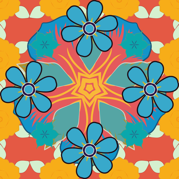 Floral background in orange, yellow and blue colors for printing on fabric, paper for scrapbooking. Raster retro cute seamless pattern with many flowers. - Vecteur, image