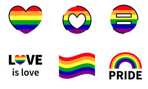 Ilustração vetorial do símbolo de orgulho definido isolado contra fundo branco. Coleção inclui corações, sinal de igualdade, bandeira, arco-íris e amor é amor. Ótimo para adesivos semana orgulho, banners e promoções
 - Vetor, Imagem