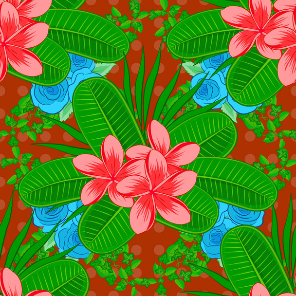Seamless texture of floral ornament in pink, green and orange colors. Optical illusion with plumeria flowers. Vector illustration good for the interior design, printing, web and textile design. - Vector, Image