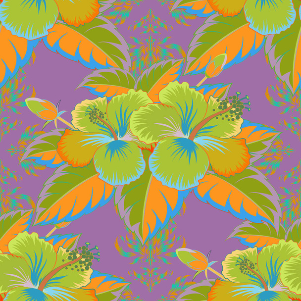 ベクトルフラワーシームレスパターン。緑、灰色、紫のハイビスカスの様々なハワイの熱帯の花. - ベクター画像