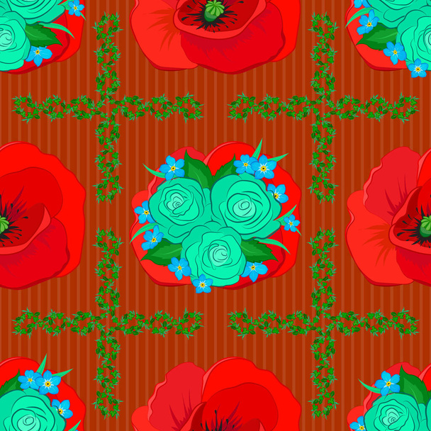 Akvarell rózsa virágok és zöld levelek zökkenőmentes minta zöld, narancs és piros színekben. Vektor romantikus háttér honlapok, esküvői meghívók, textil, tapéta. - Vektor, kép