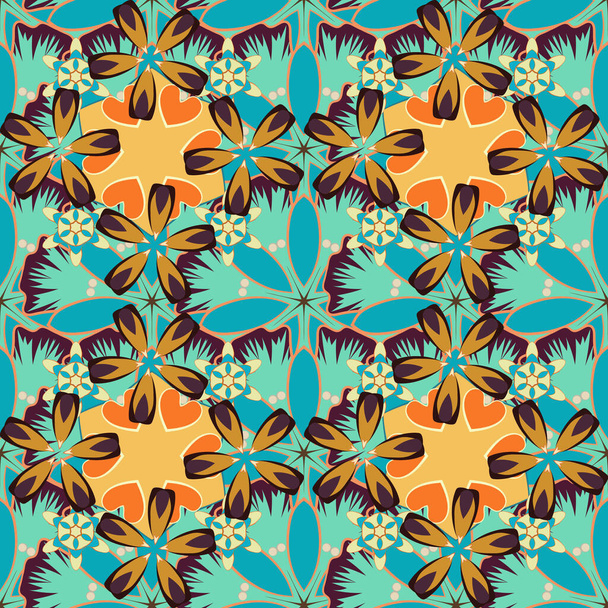 Vintage naadloos patroon met blauwe, gele en groene herhalende elementen. Oosters abstract klassiek patroon. - Vector, afbeelding