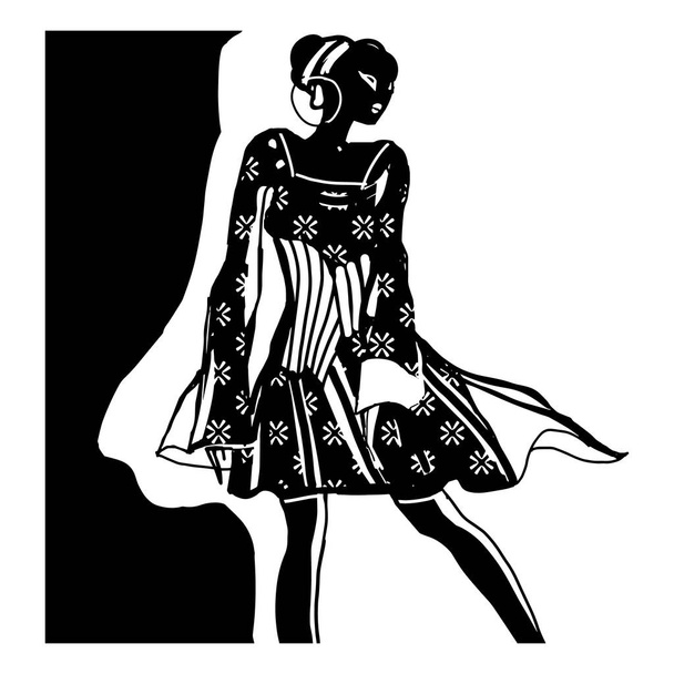 Черно-белая ретро модная модель с модным платьем. Нарисован в стиле эскиза. Векторная иллюстрация
 - Вектор,изображение