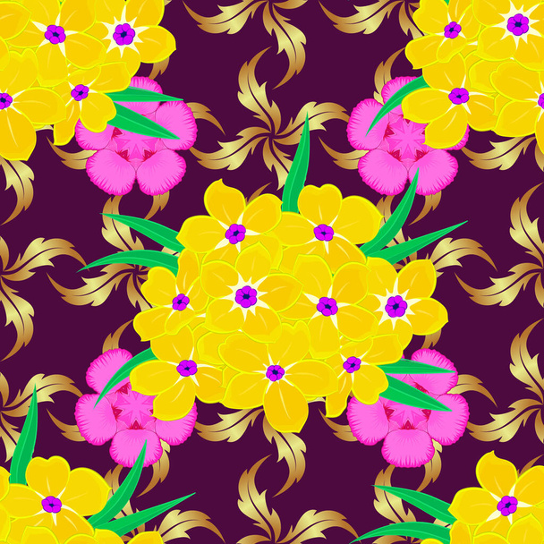 黄金の民族タオル、ヘナスタイル。黄色、紫、ピンク色のシームレスな装飾プリント。グリーティングカードの背景、背景、テキスタイルに使用できます。ベクトルインドの花の桜草の花パターン. - ベクター画像
