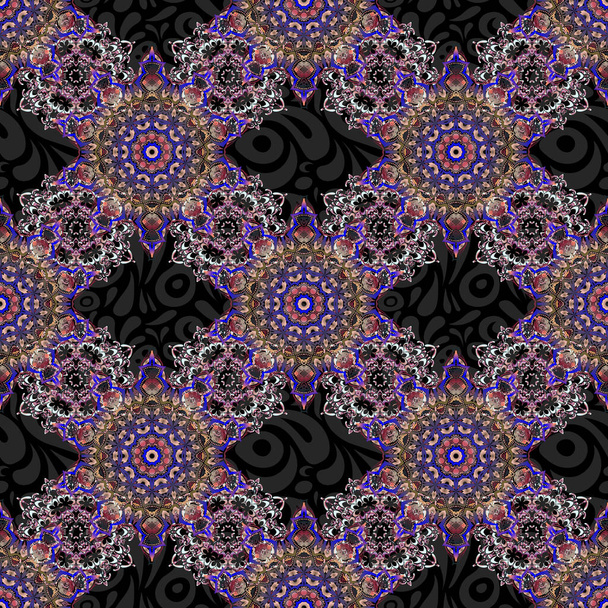 Geometrikus ismétlődő zökkenőmentes minta hatszög alakú kék és rózsaszín gradiens fekete alapon. Vektorillusztráció. - Vektor, kép