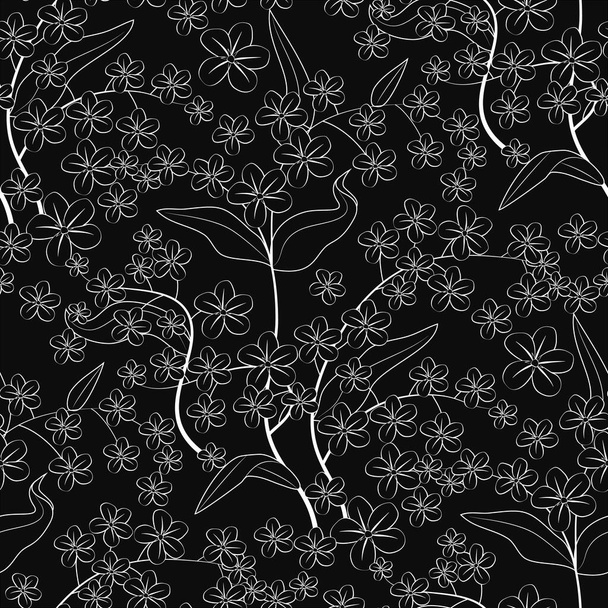 Patrón sin costura floral monocromático con flores de olvido-me-not sobre fondo negro. vector de stock
 - Vector, Imagen