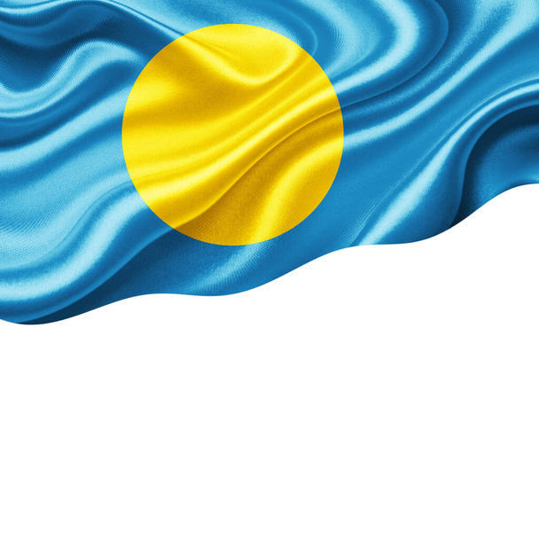 Palau-Fahne aus Seide mit Kopierraum für Ihren Text oder Ihre Bilder und weißem Hintergrund-3D-Illustration - Foto, Bild
