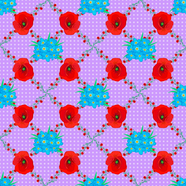 Vector vintage poppies seamless pattern (hand drawn) on violet background. Cute poppy flowers vector illustration. - Vector, Image