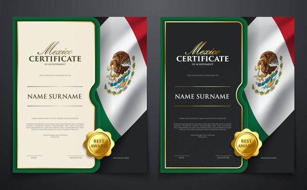 Сертификат патриотических достижений с флагом Мексики, роскошная элегантная обложка в золотом стиле
 - Вектор,изображение