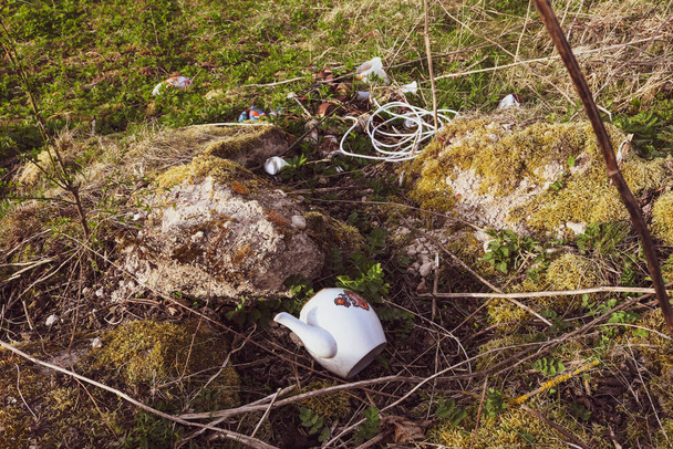 Lixo jogado em um prado perto da floresta
 - Foto, Imagem