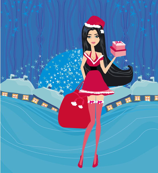 beautiful pin-up girl in Christmas inspired costume card - Vector, Image