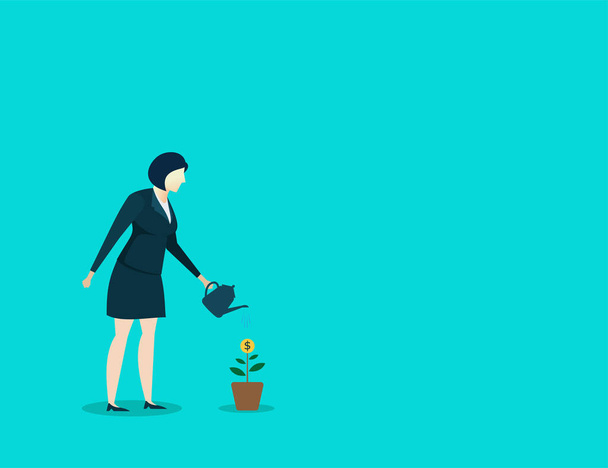 бізнес жінка ілюстрація концепція поливу росту рослин для цільових фінансів
 - Вектор, зображення