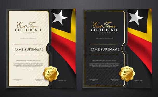 Zestaw patriotycznych certyfikatów osiągnięć z flagą Wschodniego Timoru, elegancka pokrywa w stylu złotym - Wektor, obraz