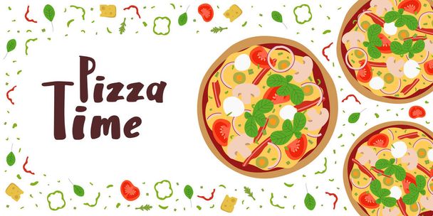 Pizza Time banner with tasty pizza. Delicious beautiful home-made pizza. Empty space for text. Pizza with mushrooms, tomatoes, onion, bacon, cheese, and basil. Flat vector design - Vector, afbeelding