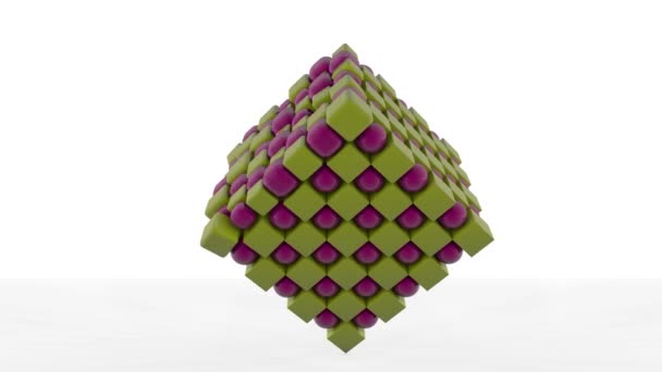 Animação 3D de um cubo grande que consiste em muitas bolas e cubos que giram mudando de forma. Animação abstrata. - Filmagem, Vídeo