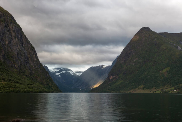 Fjord in Norway on cloudy day Beautiful norwegian landscape - Foto, Imagem