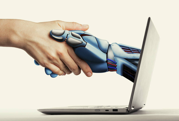 El apretón de manos humano con inteligencia artificial a través de ordenador portátil. Inteligencia artificial, concepto de futuro
. - Foto, imagen