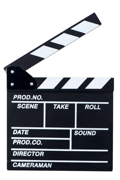 白い背景の上の映画のクラッパーボード隔離されたクローズアップ - 写真・画像