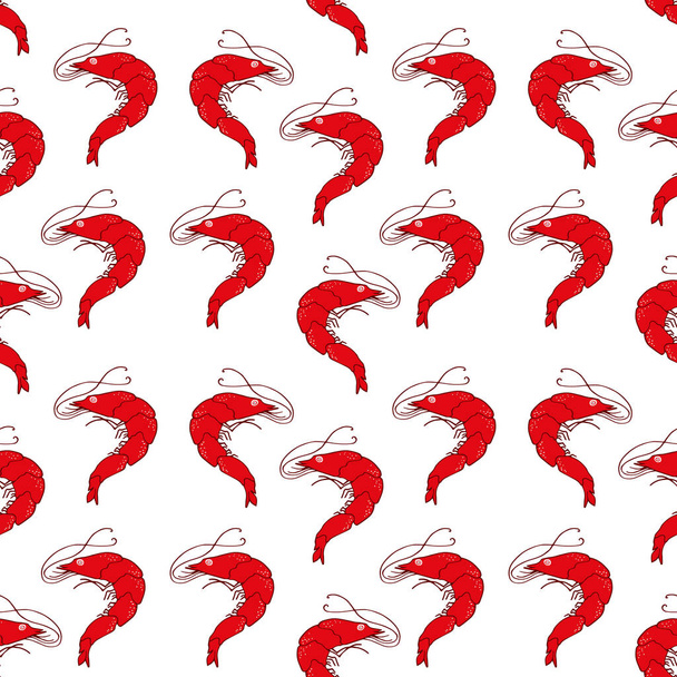 Red  shrimp seamless pattern on white background. cartoon style, vector illustration - Vetor, Imagem