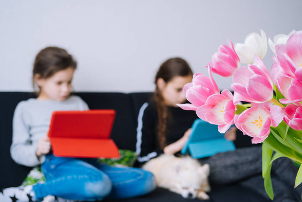Online education, distance learning, homeschooling. Children studying homework during online lesson at home in tablet of laptop and holding videocall. Social distance on quarantine. Self-isolation - Photo, Image