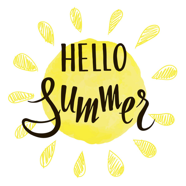 Sign in the form of the sun with hand-written inscription Hello Summer. Vector illustration - Vettoriali, immagini