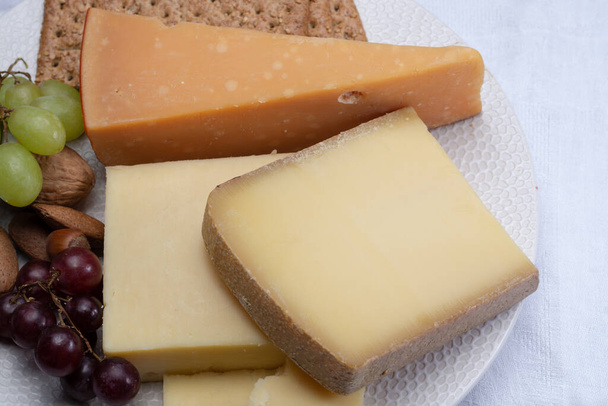 Cheddar inglés envejecido y queso holandés viejo, el tipo más popular de quesos duros hechos de leche de vaca servido como postre con frutos secos y uvas
 - Foto, Imagen