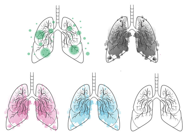Acuarela Lungs set pack. limpio, sano, enfermo. fumadores lungs.virus. coronavirus respiratorio. cuerpo humano
 - Vector, imagen