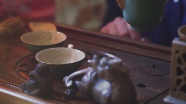 Close Up of Man Lití zelený čaj z konvice na Gaiwan - Záběry, video