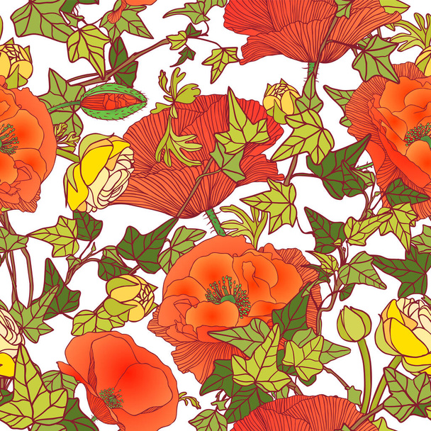 Seamless vector floral pattern of ivy leaves, poppies and ranunculus on white background - Vector, Image